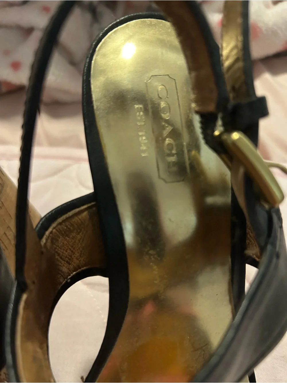 Coach Black Leather Tassel Platform Sandals with Gold Accents